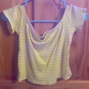 yellow and white striped off the shoulder tee